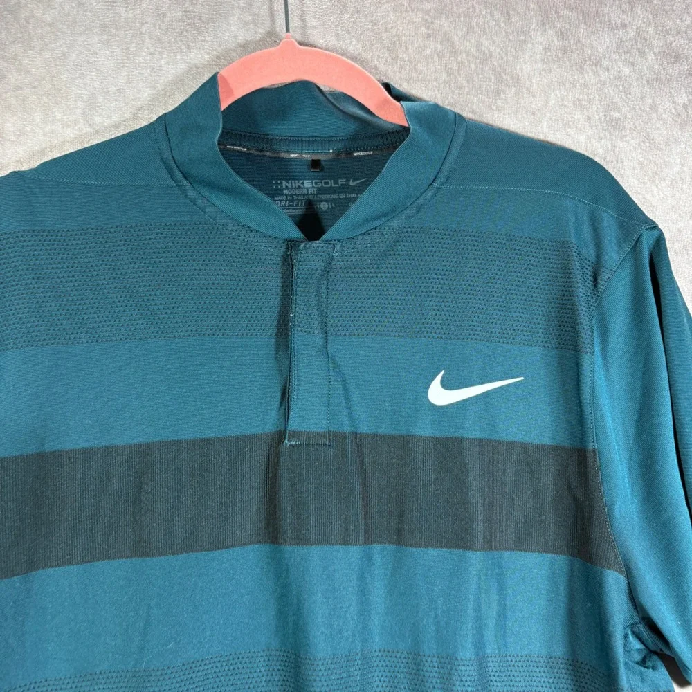 Nike Golf Shirt Mens Size Large Teal 802830-346 Modern Fit Dri-Fit Striped Polo